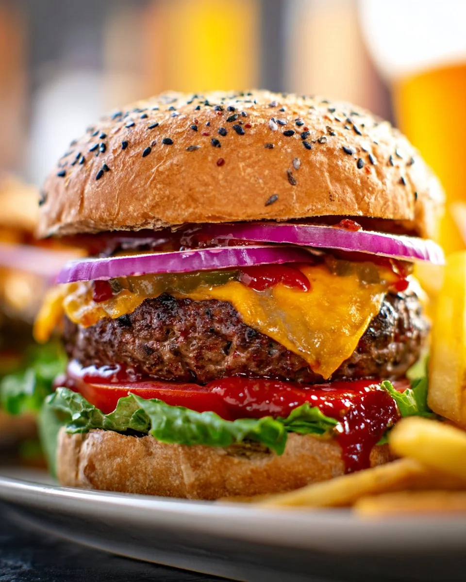 Delicious cheeseburgers with fresh ingredients and toppings