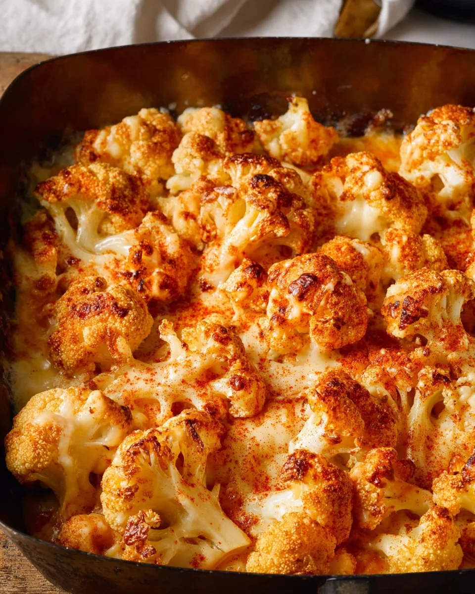 Plate of cheesy sautéed cauliflower garnished with herbs
