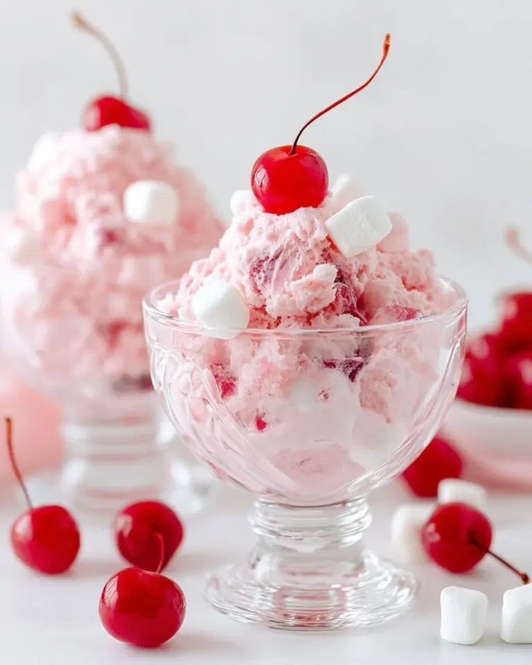 Delicious Cherry Cheesecake Fluff dessert in a serving bowl with fresh cherries on top.