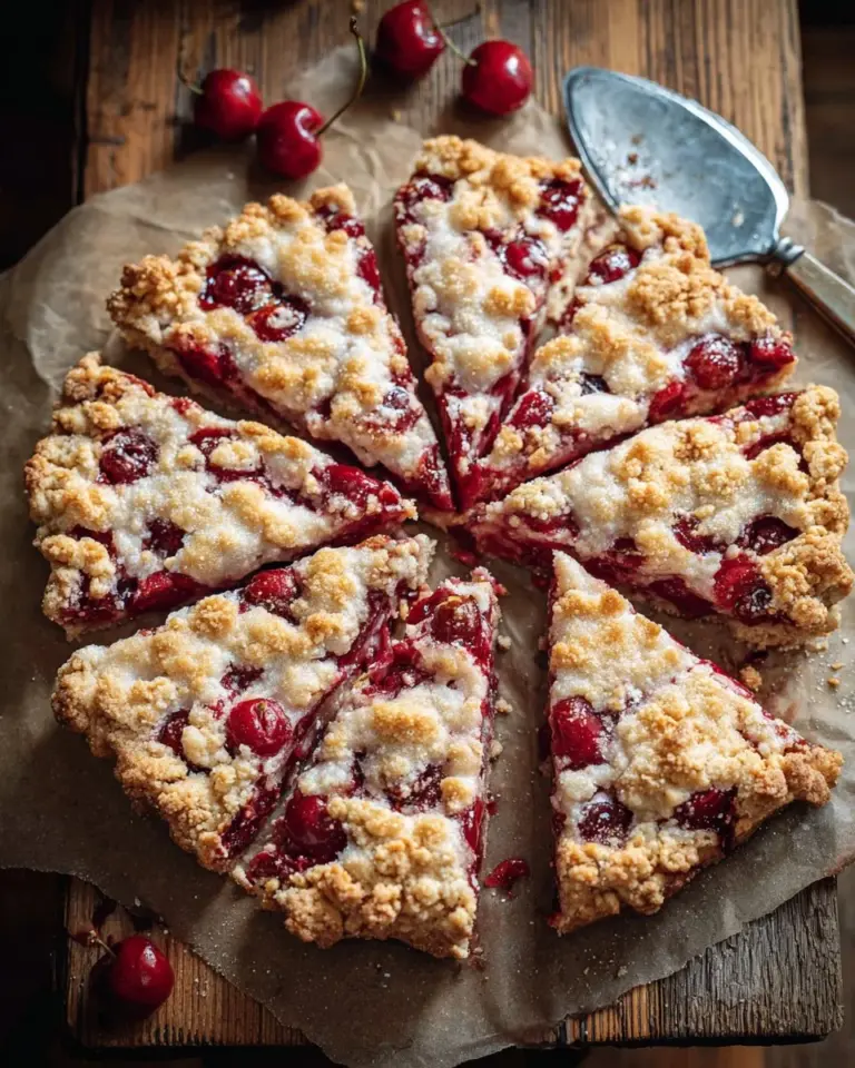 Delicious cherry dessert pizza topped with fresh cherries and cream