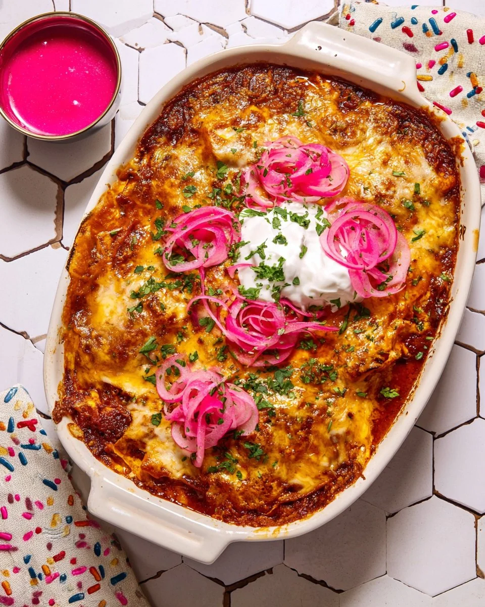 Delicious Chicken Enchilada Casserole served in a baking dish