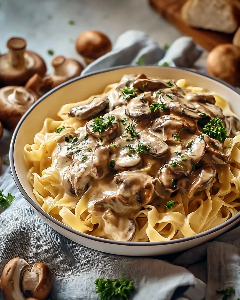 Delicious Chicken Mushroom Stroganoff served in a bowl with fresh herbs
