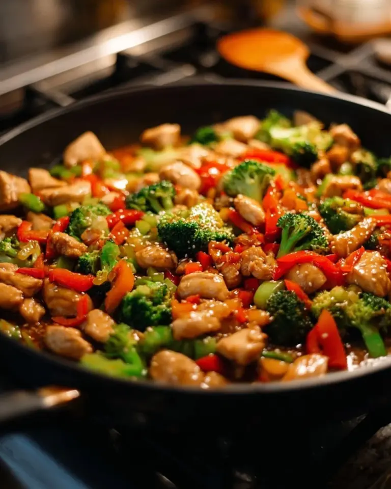 Colorful chicken stir-fry with fresh vegetables in a skillet