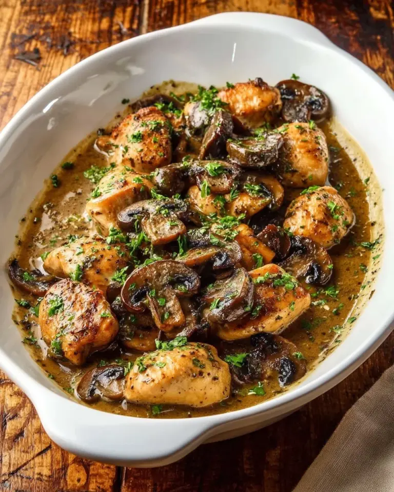 Plate of chicken in mushroom sauce garnished with herbs