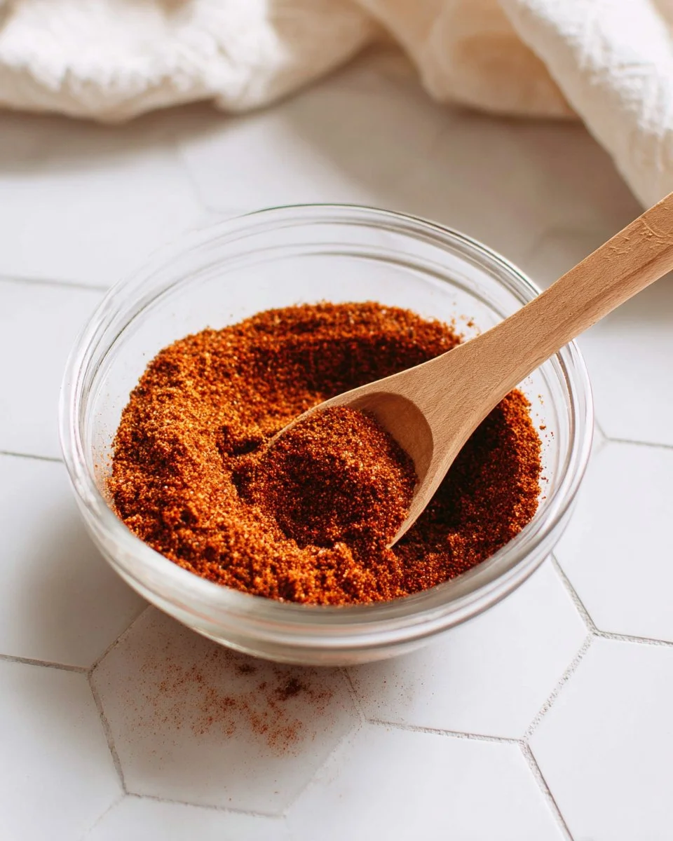 Homemade chili seasoning mix in a bowl with spices and herbs