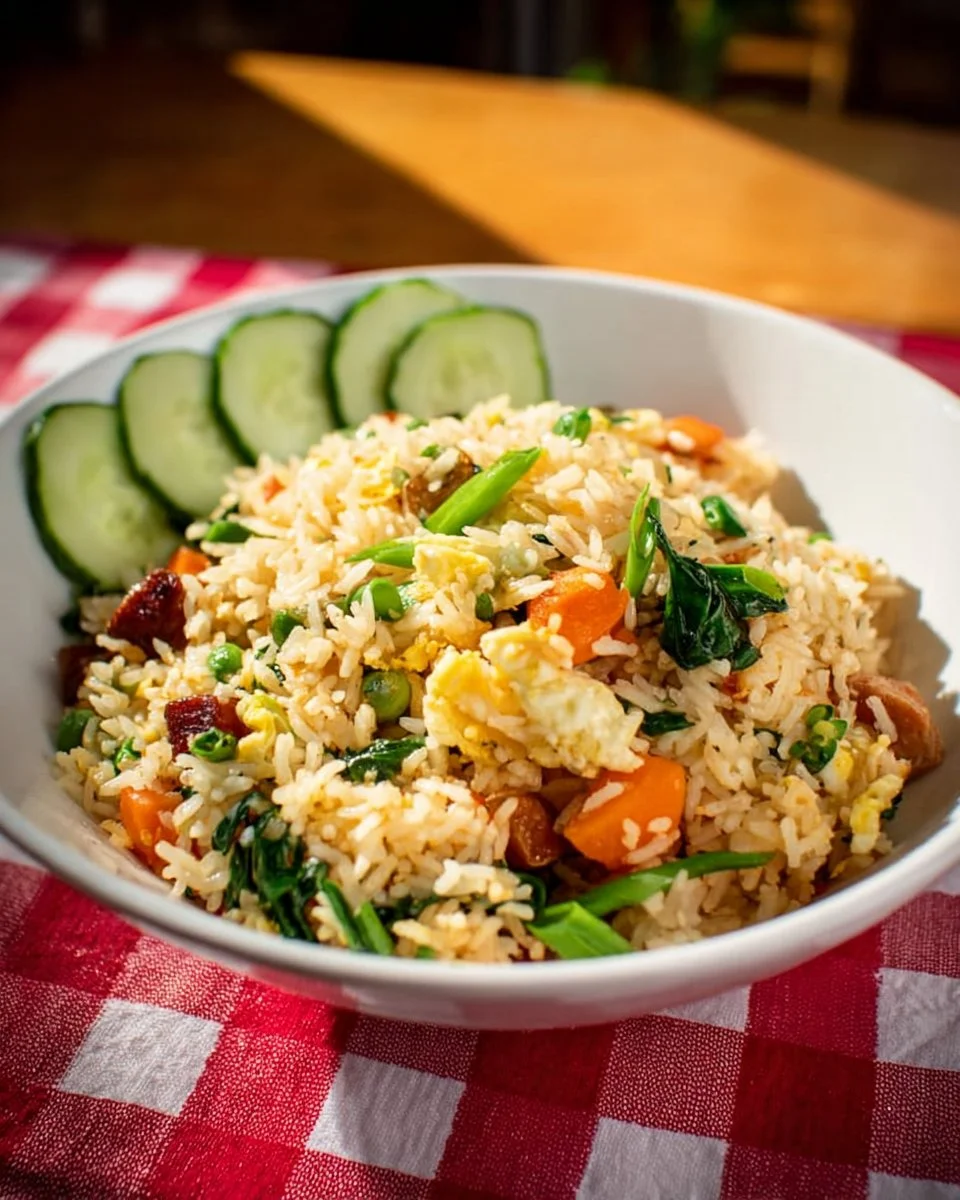 Bowl of Chinese sausage fried rice with vegetables and green onions
