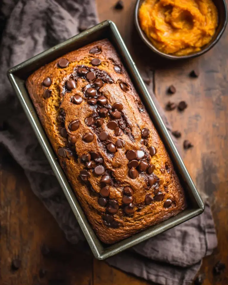 Delicious Chocolate Chip Pumpkin Bread with chunks of chocolate