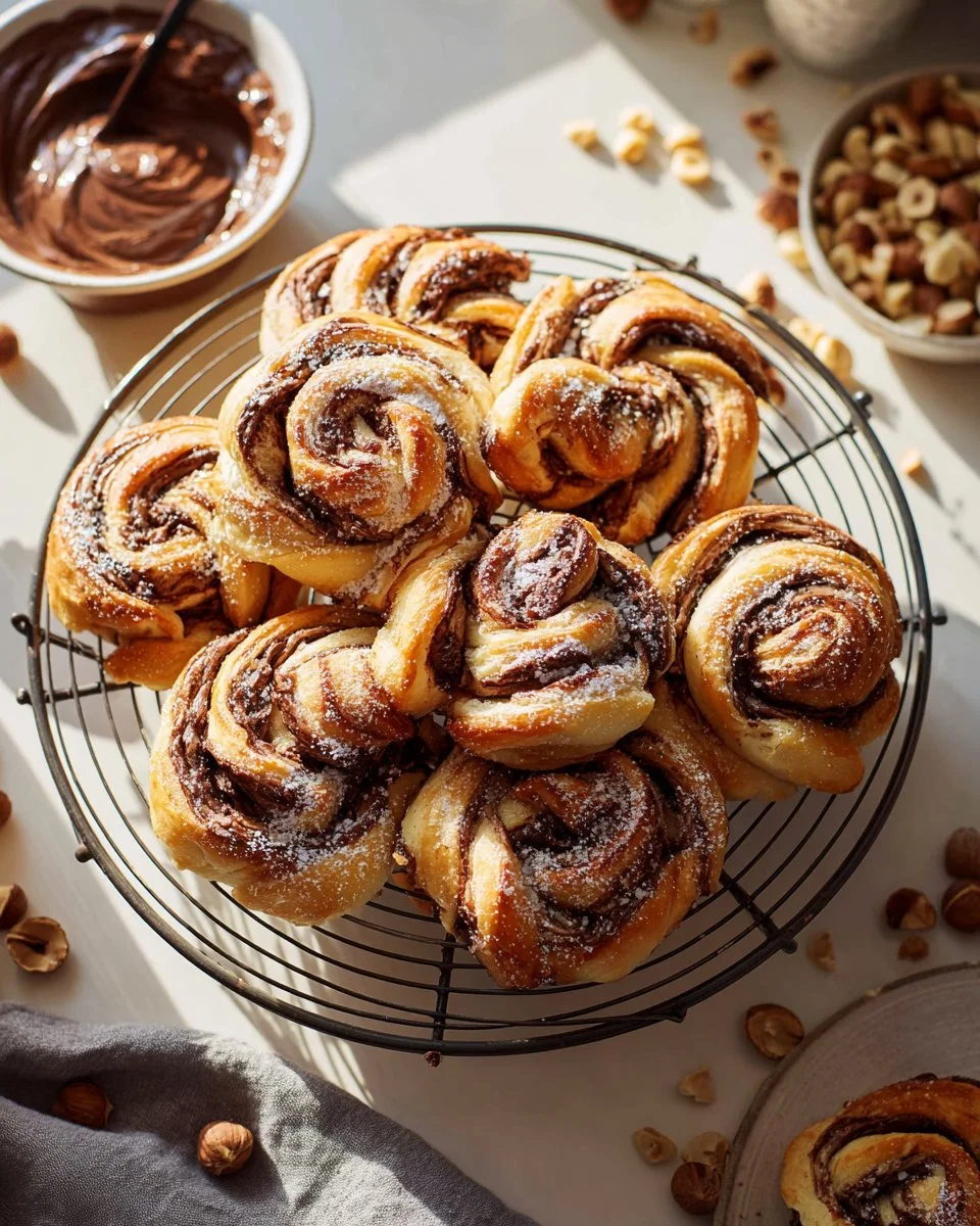 Freshly baked Chocolate Hazelnut Twists with a rich chocolate glaze