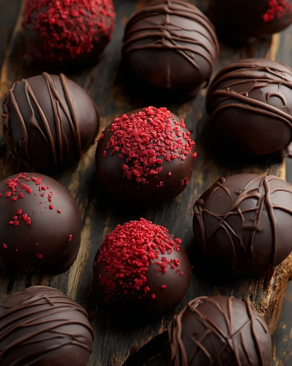 Delicious chocolate raspberry truffles on a decorative plate
