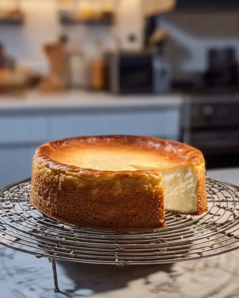 Sliced classic New York baked cheesecake with a golden crust and creamy filling