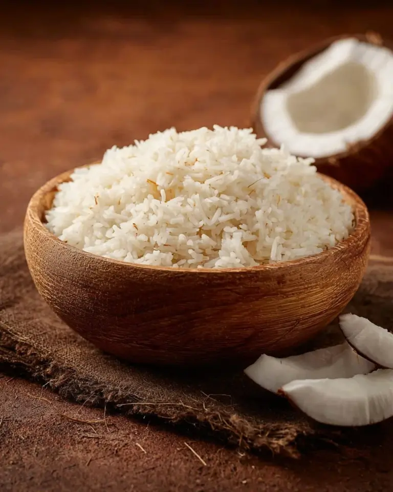 Delicious Coconut Rice served in a bowl with fresh herbs and coconut flakes.