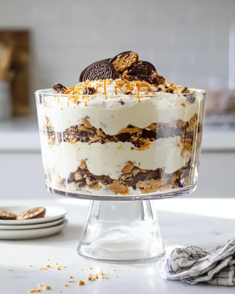 Layered Cookie Salad Trifle with cookies, cream, and fruit in a glass