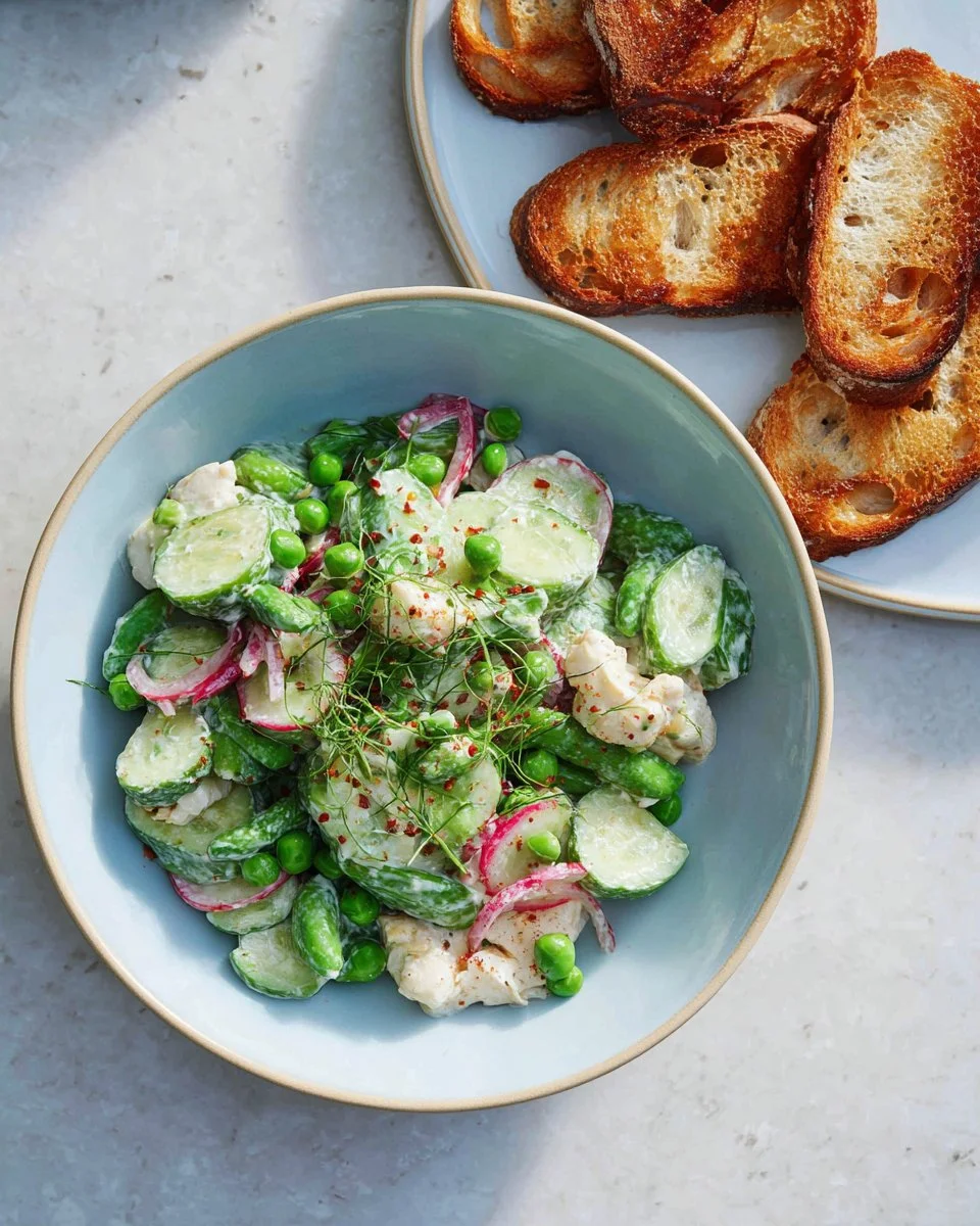 A bowl of Cottage Cheese Chicken Salad with fresh ingredients and vibrant colors.