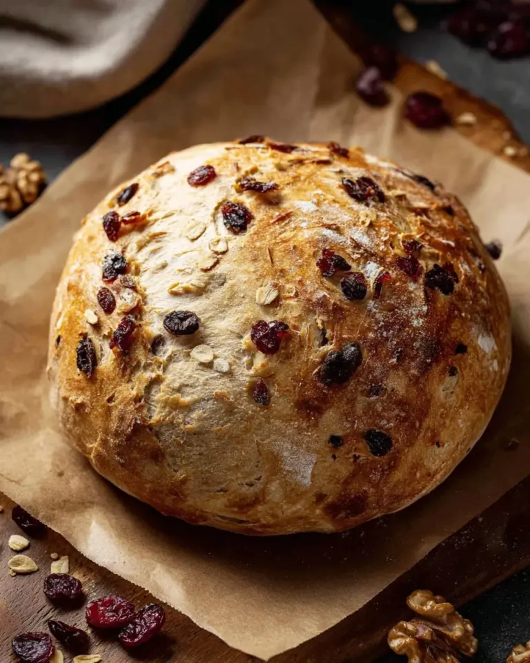 Loaf of homemade cranberry walnut bread with cranberries and walnuts visible