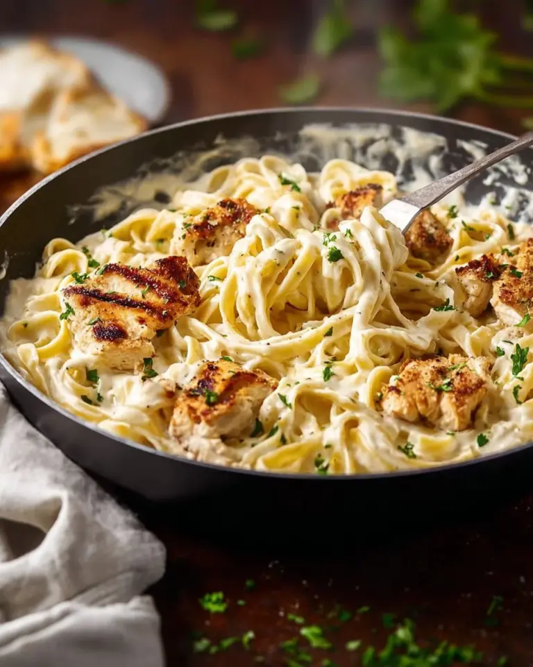 Creamy chicken fettuccine Alfredo served with parsley garnish