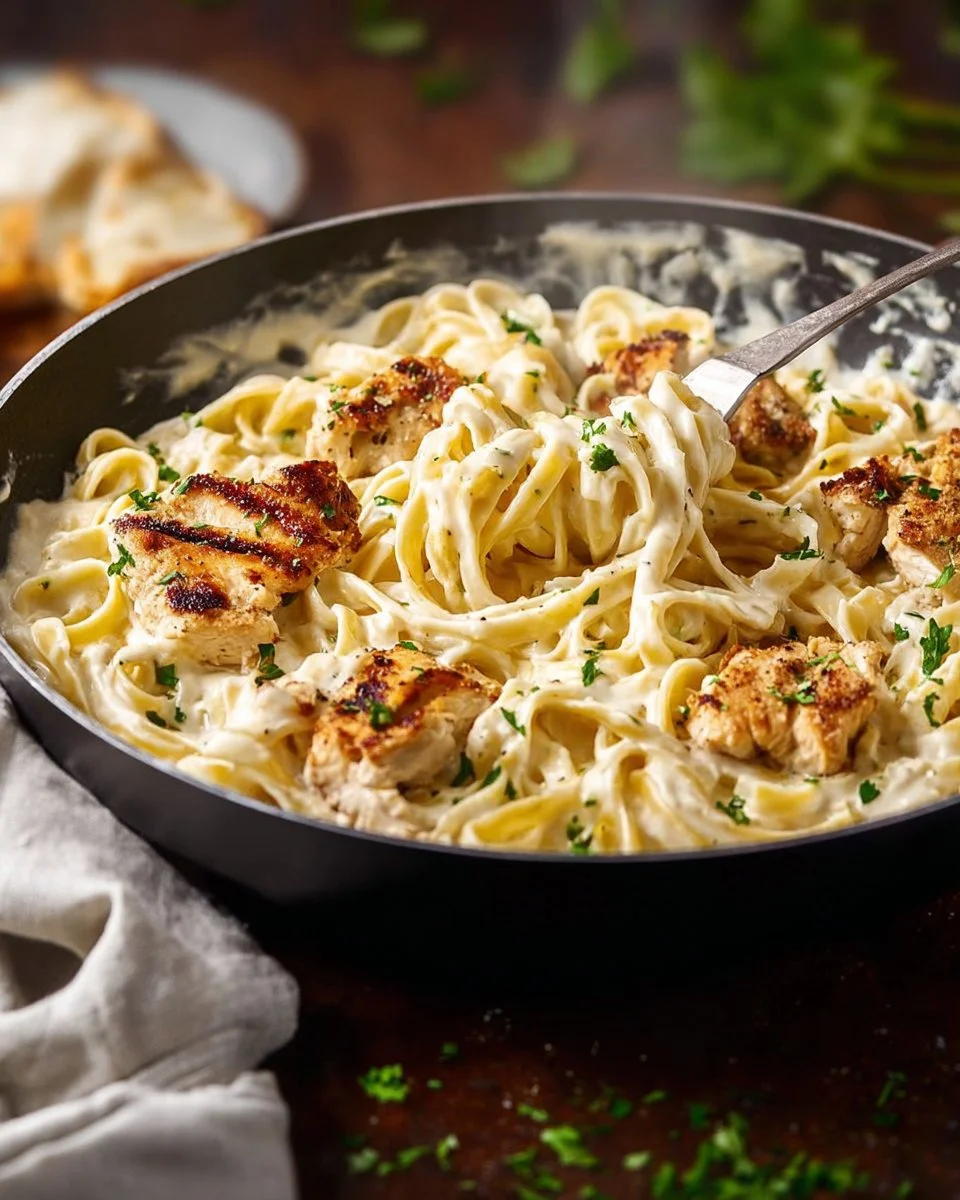 Creamy chicken fettuccine Alfredo served with parsley garnish