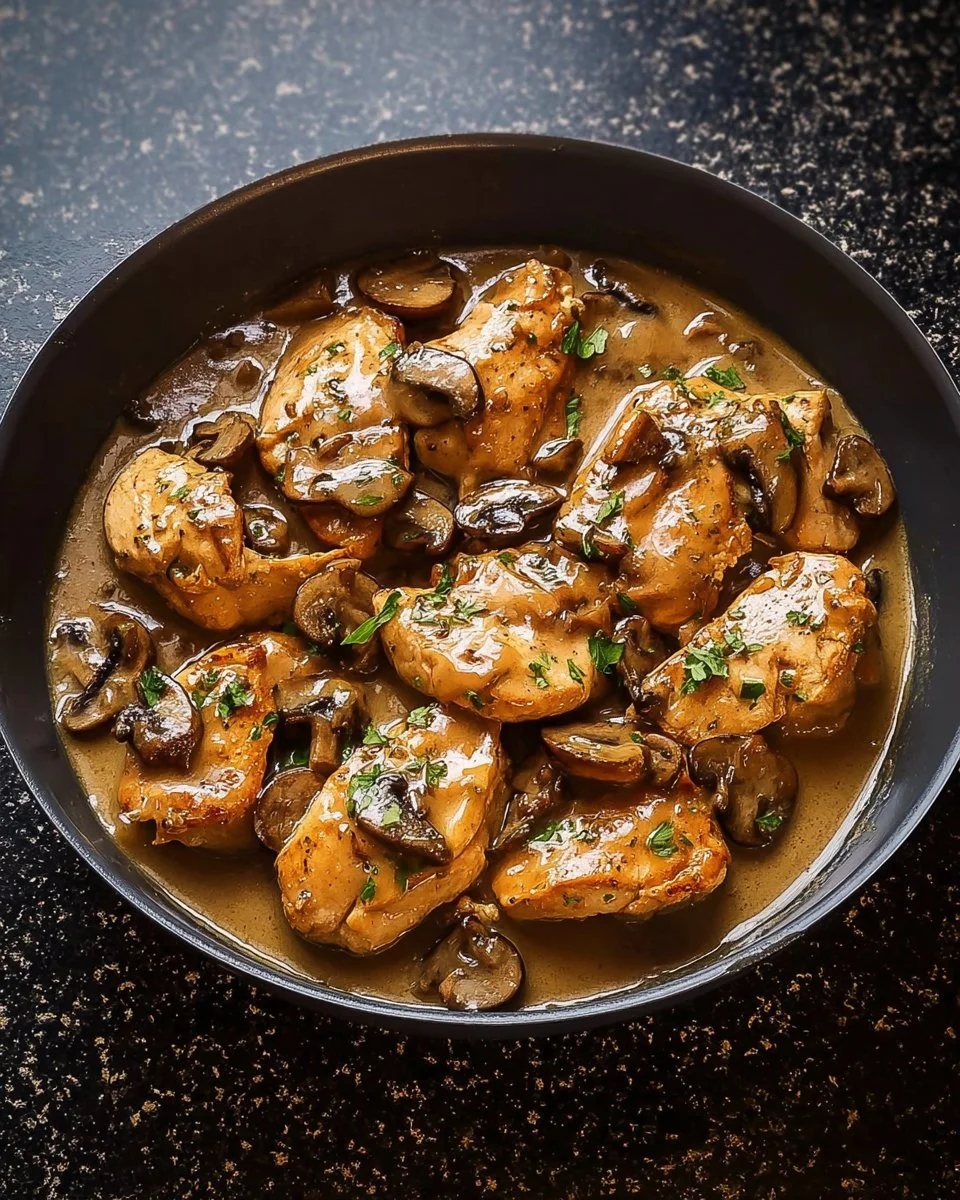 Creamy mushroom chicken dish served on a plate with fresh herbs