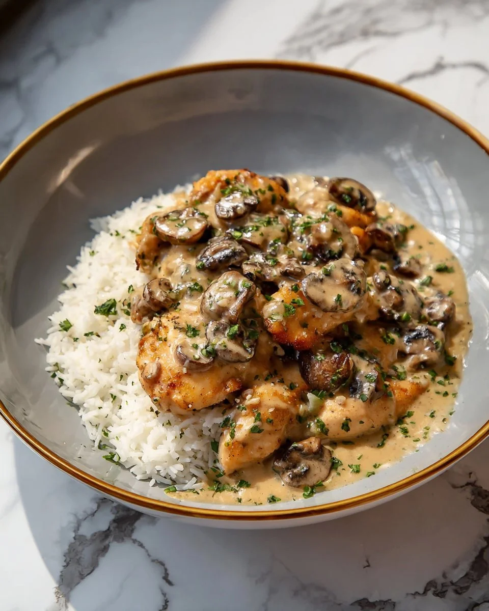 Creamy mushroom chicken served on a plate with herbs