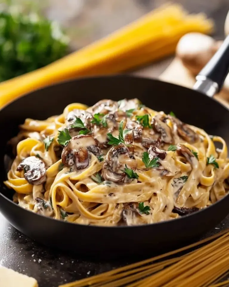 Delicious creamy mushroom pasta with chicken served on a plate