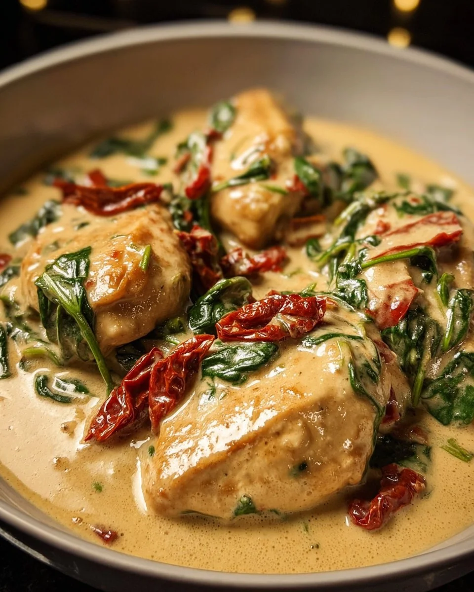 Creamy Tuscan chicken served on a plate with herbs and sauce