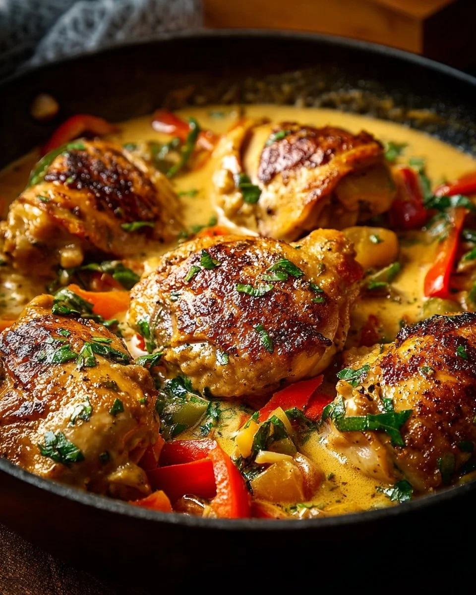 Delicious creamy Tuscan chicken served in a bowl with herbs and vegetables.