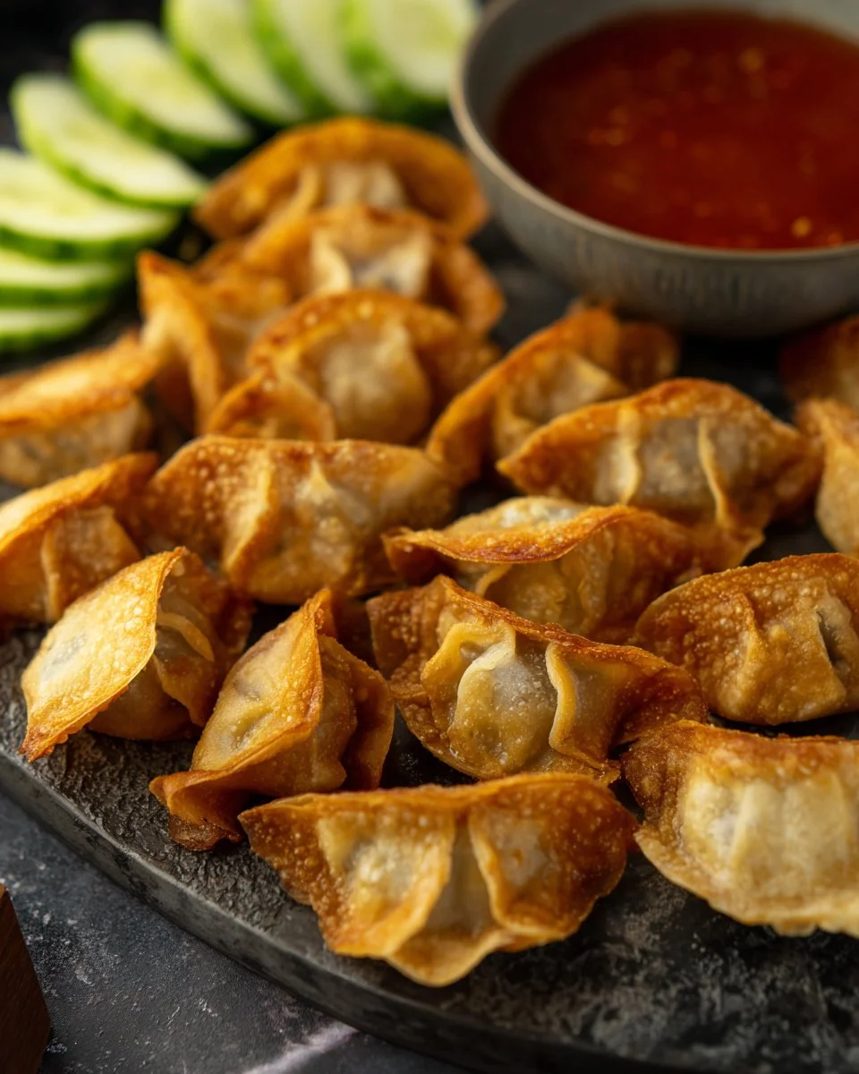 Crispy air fryer wontons filled with savory pork, served on a plate.