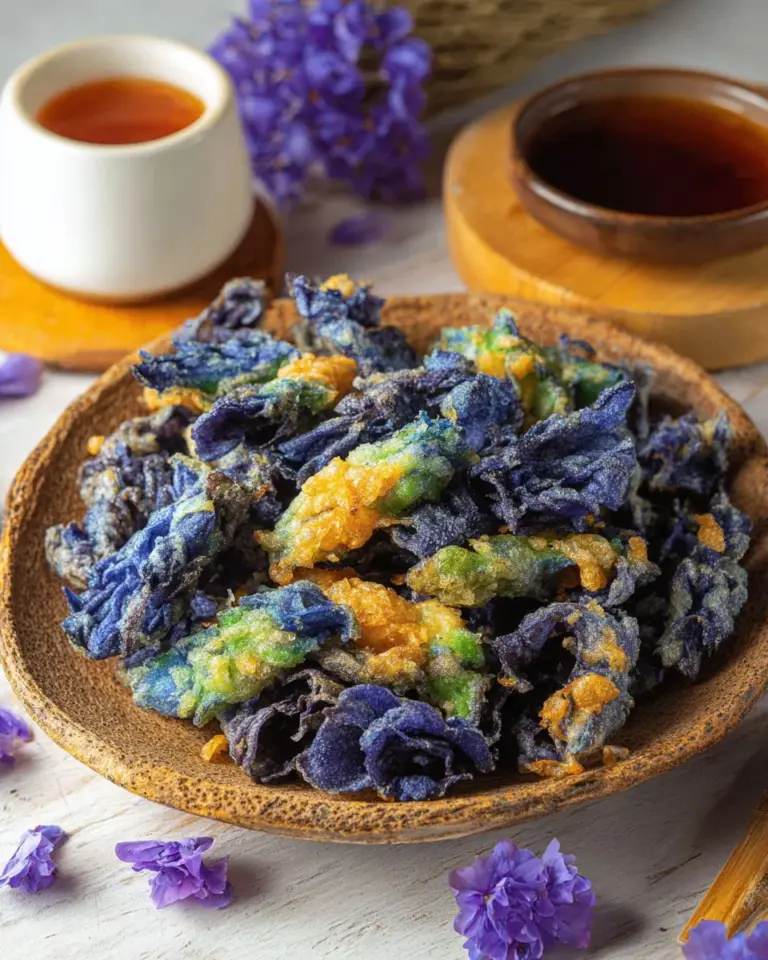 Plate of crispy fried butterfly pea flowers served as a colorful snack