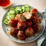 Crispy meatballs served with glass noodles and sweet chili sauce on a plate.