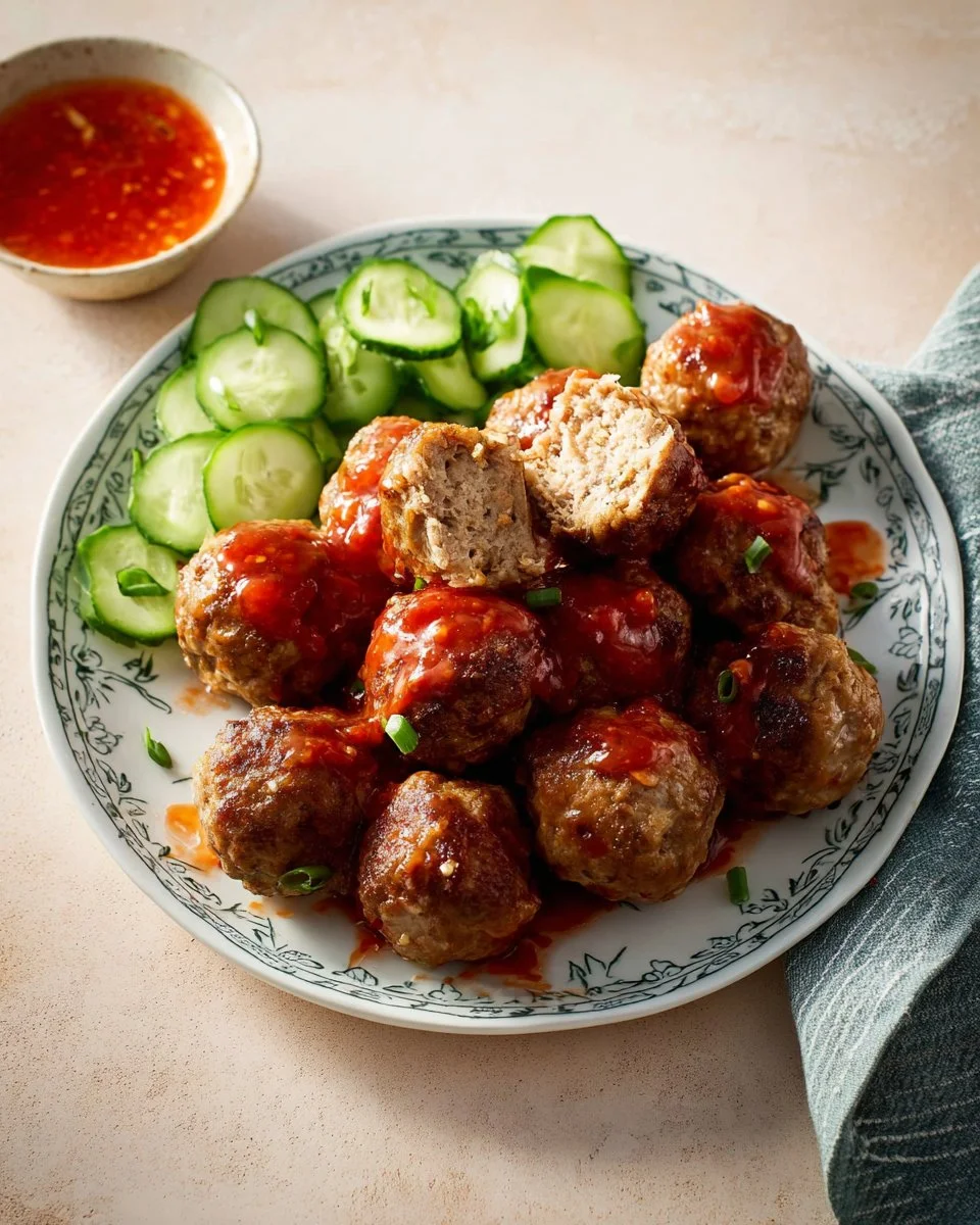 Crispy meatballs served with glass noodles and sweet chili sauce on a plate.