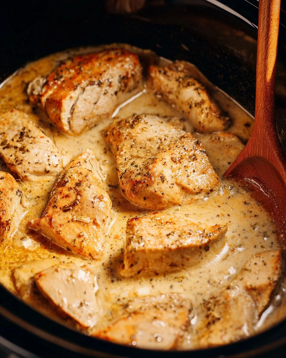 Delicious crock pot garlic parmesan chicken served with herbs and spices.