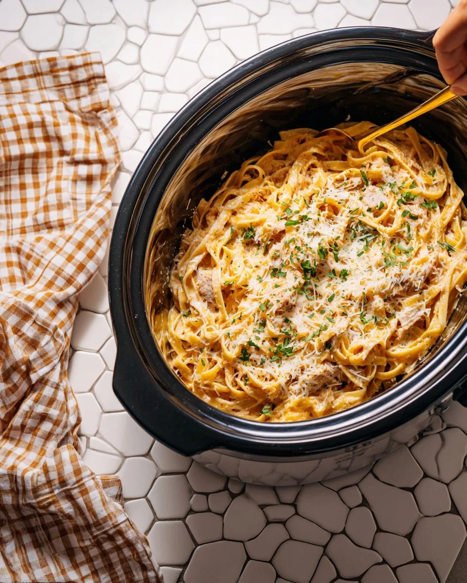 Delicious Crockpot Chicken Alfredo served with pasta and garnish