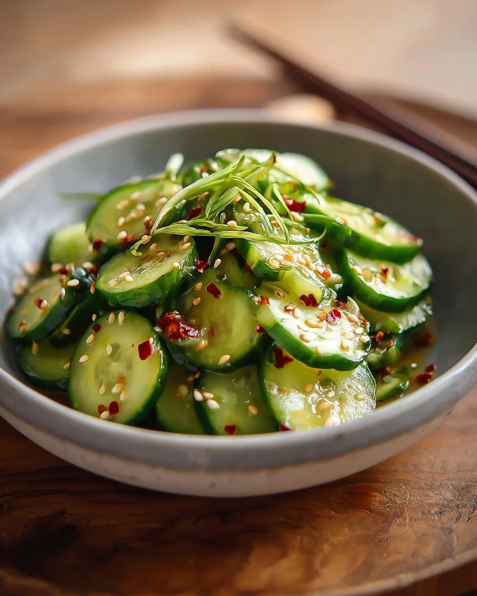 Fresh cucumber salad with herbs and dressing, perfect for a healthy meal.
