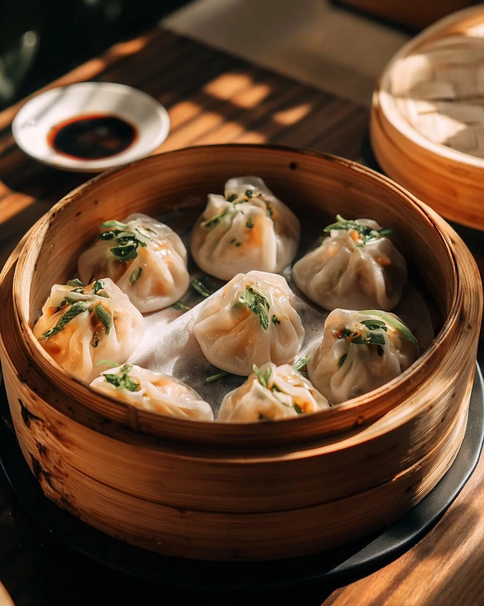 Delicious homemade dim sum served on a bamboo steamer