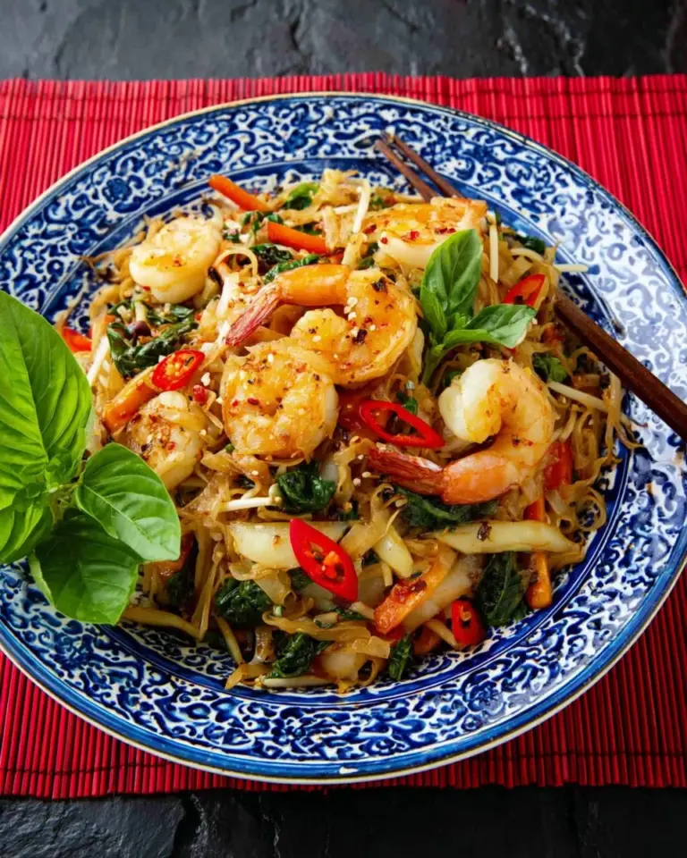 Delicious plate of drunken noodles with vegetables and shrimp