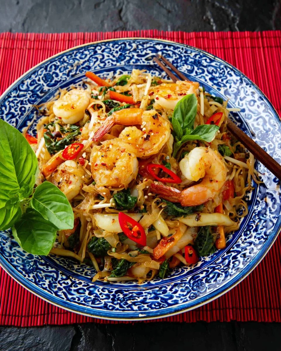 Delicious plate of drunken noodles with vegetables and shrimp