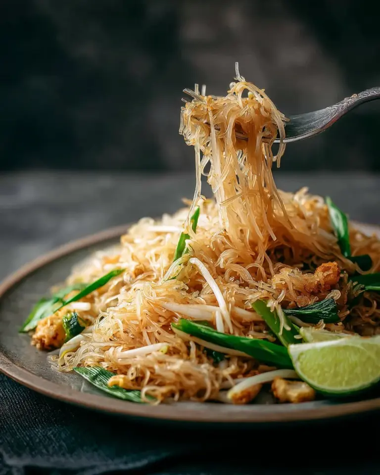 Healthier Pad Thai dish garnished with fresh vegetables and herbs