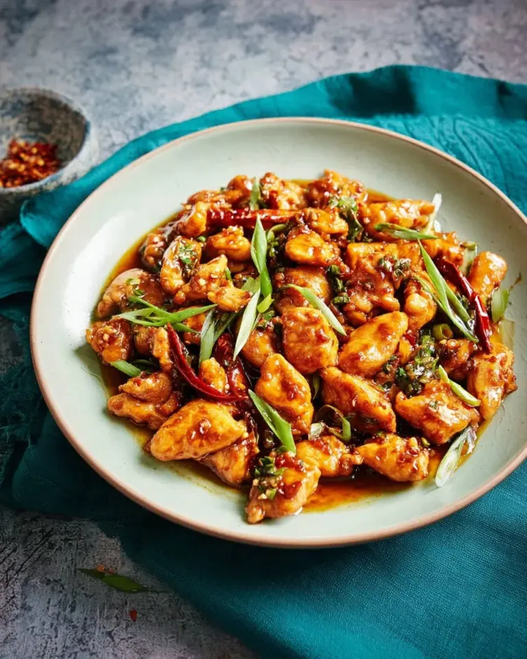 Plate of easy chili garlic chicken garnished with herbs
