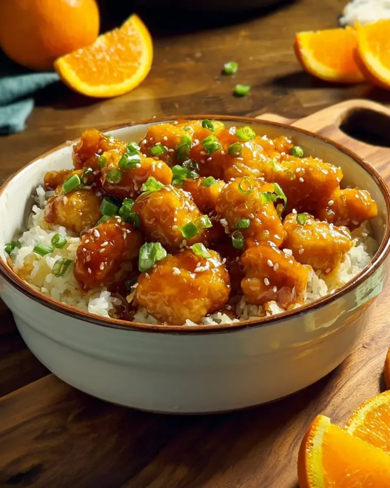 Delicious homemade orange chicken served with rice and vegetables