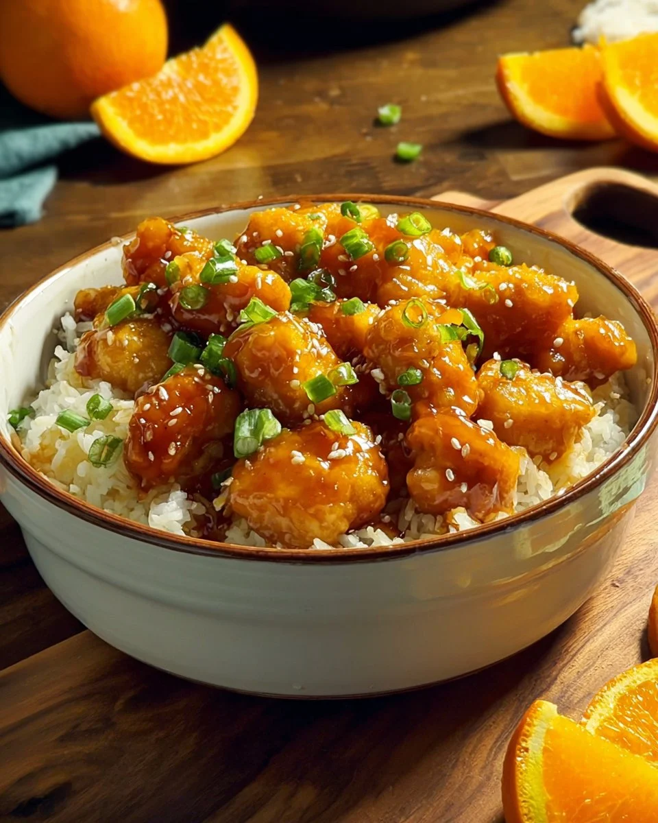 Delicious homemade orange chicken served with rice and vegetables