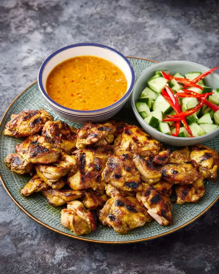 Plate of Easy Thai Chicken Satay served with homemade peanut sauce