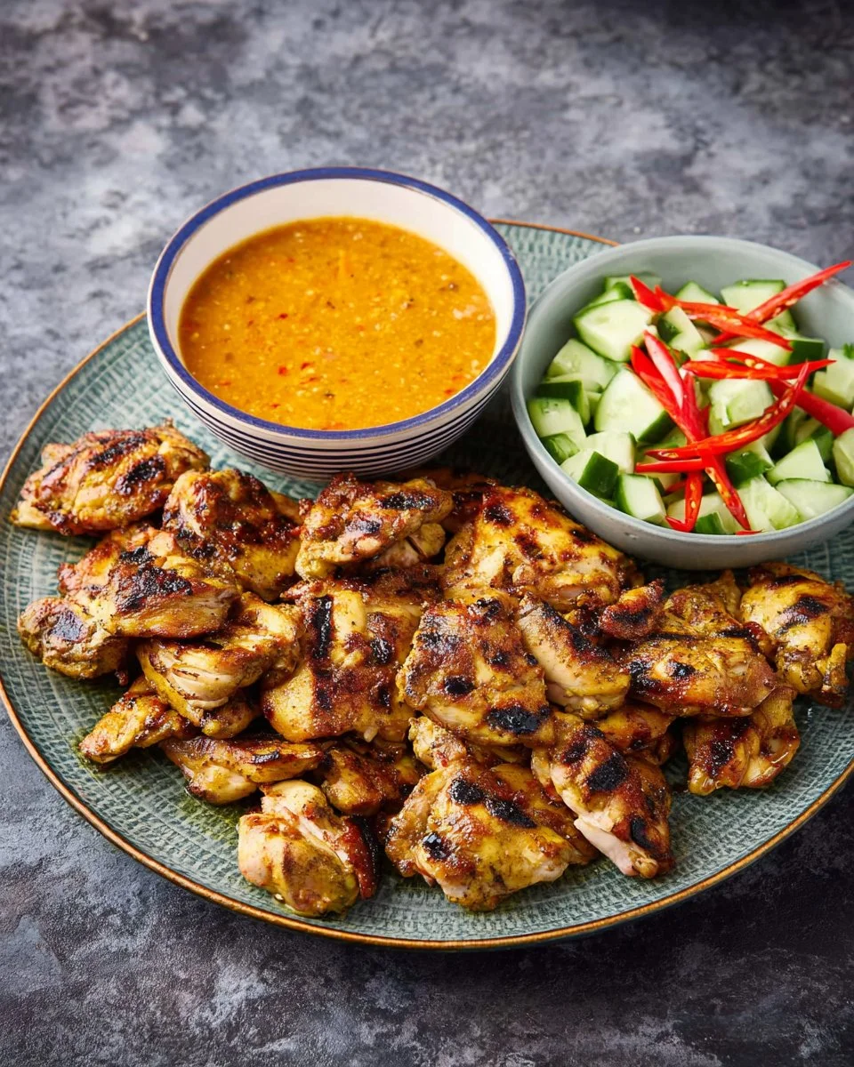 Plate of Easy Thai Chicken Satay served with homemade peanut sauce