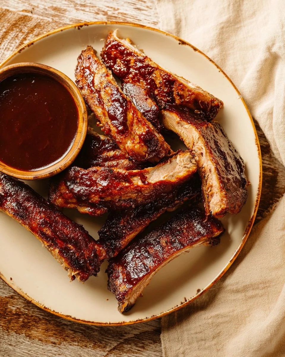 Delicious fall-off-the-bone oven-baked spare ribs on a plate