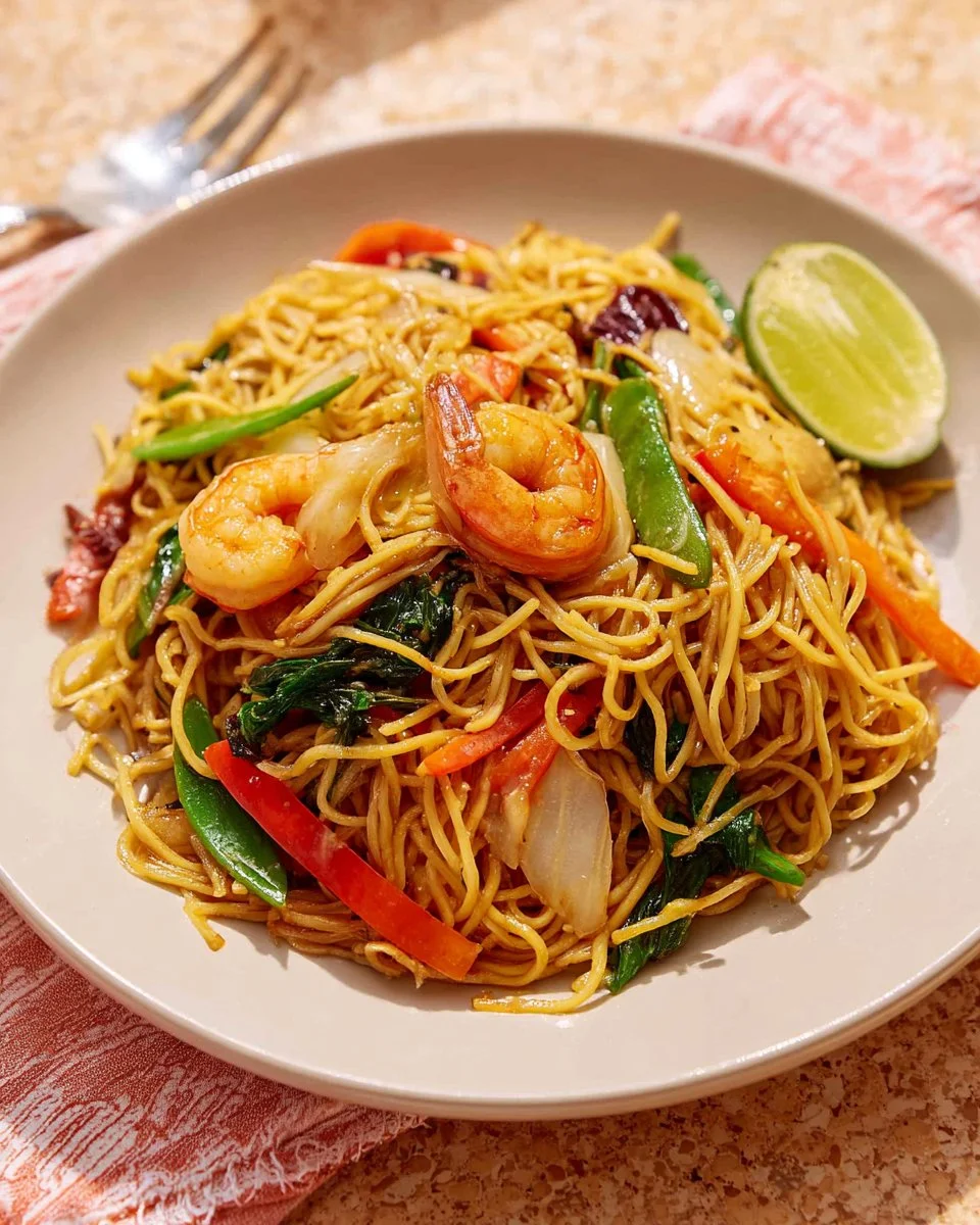 Delicious Pancit Canton stir fry with egg noodles and colorful vegetables