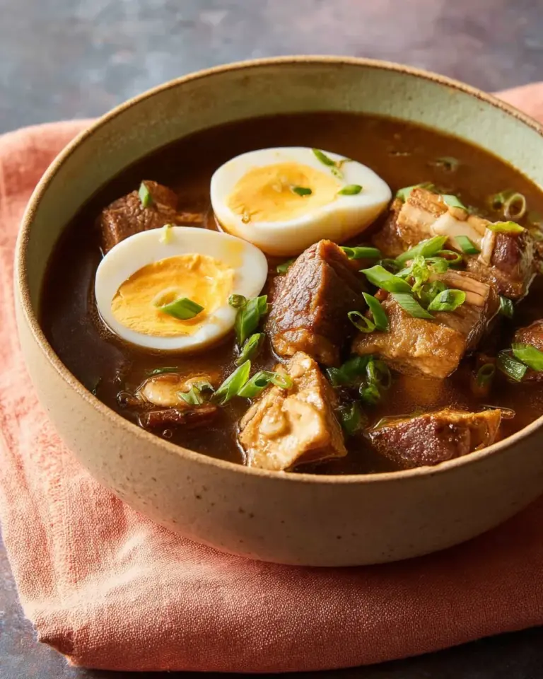 Delicious Five Spice Eggs and Pork Belly Stew in a rustic bowl
