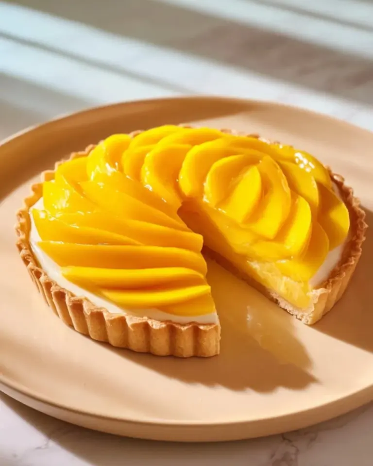 Fresh mango tart served on a plate with a slice cut out