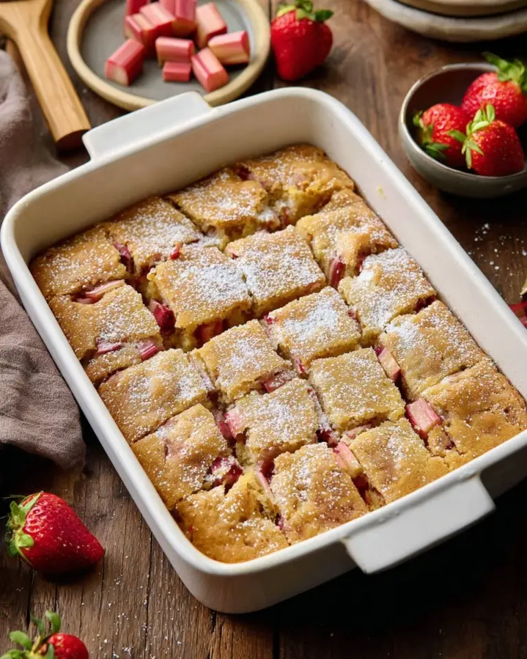 Delicious slice of fresh strawberry rhubarb cake on a plate with strawberries.