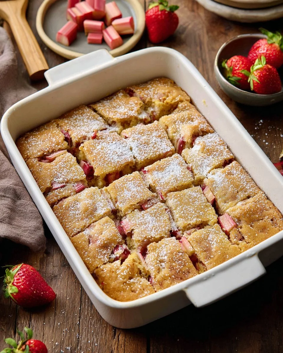 Delicious slice of fresh strawberry rhubarb cake on a plate with strawberries.