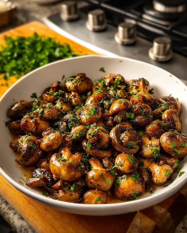 Delicious Garlic Mushroom Chicken Bites served on a plate with herbs.