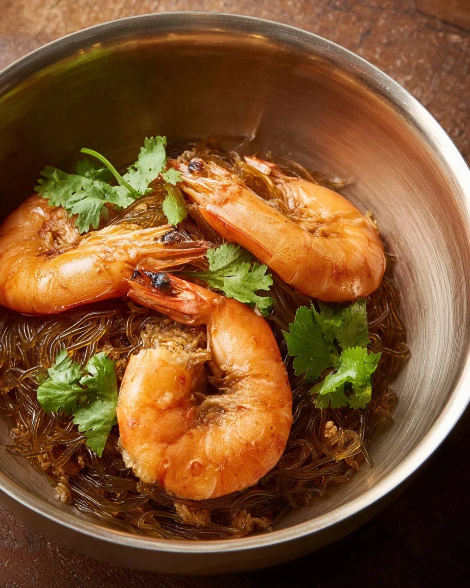 Baked Ginger Shrimp with glass noodles garnished with fresh herbs