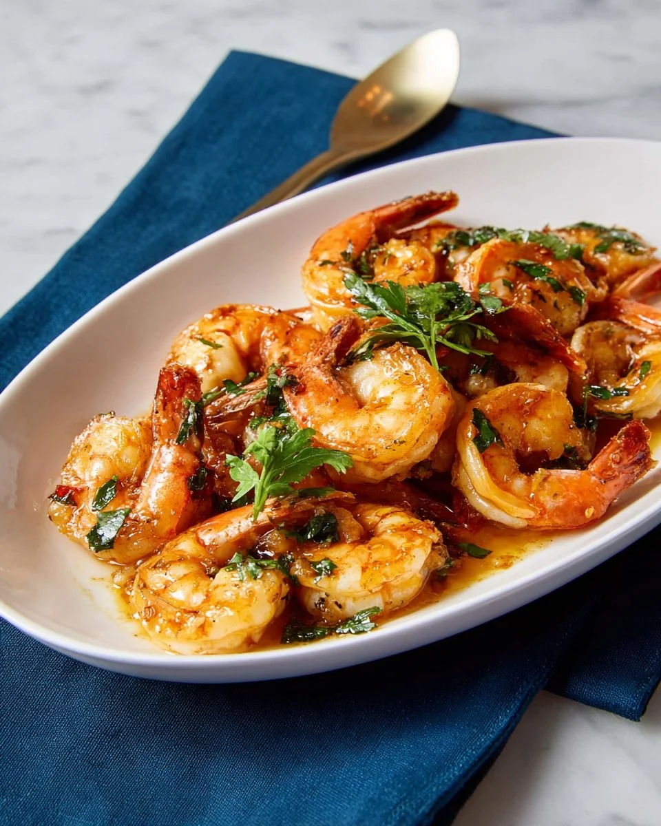 Delicious garlic shrimp dish inspired by Grandma's recipe, garnished with herbs.